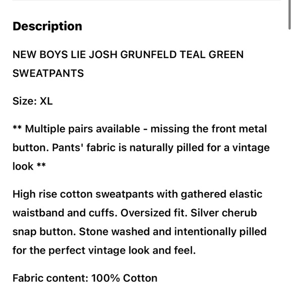 BOYS LIE Josh Grunfeld Green Sweatpants w/missing button at waist. NWOT - Picture 6 of 6